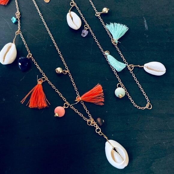 Coastal Boho Beaded Shell Tassel Necklace Lot - Picture 1 of 8